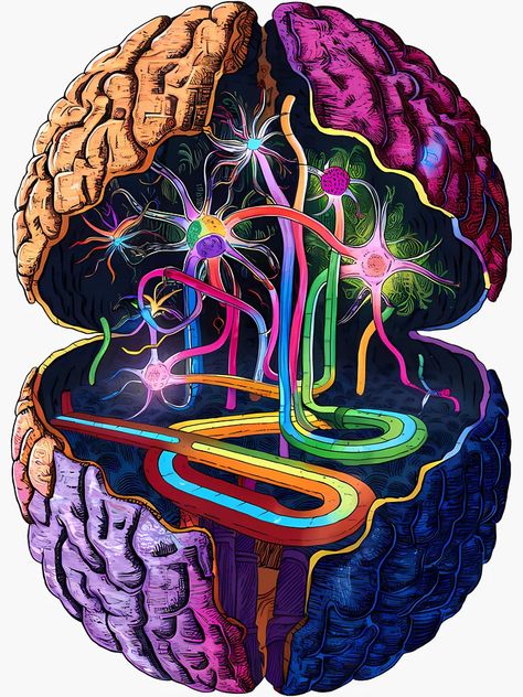 "Vibrant Brain Art - Colorful Neural Pathways Illustration - Digital Brain Art" Sticker for Sale by WatermelonPink | Redbubble Brain Research Aesthetic, Brain Freeze Illustration, Trippy Brain Art, Pathways Illustration, Brain Art Creative, Neuron Illustration, Psychology Art Creative, Brain Graphic Design, Brain Drawings