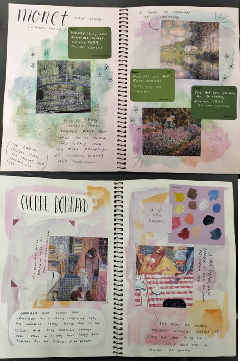 Watercolour Gcse Sketchbook, Monet Artist Research Page, Monet Artist Research Page Gcse, Watercolour Sketchbook Pages, Colour Art Page Gcse, Claude Monet Research Page, Artist Studies Gcse, Artist Research Page Gcse Colourful, Claude Monet Gcse Sketchbook