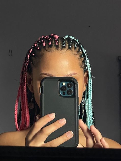 Colour Cornrows, Half Color Braids, Two Color Box Braids Half, Blonde And Blue Braids, Pink Cornrows Braids, Pink And Blue Braids, Half Pink Half Black Braids, Blue And Pink Box Braids, Blue Cornrows