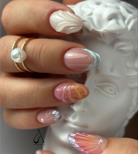 Wave Nails, 3d Nail Designs, Korean Nail, 3d Nail Art Designs, Korean Nail Art, Fantasy Nails, Beige Nails, Summery Nails, Mermaid Nails