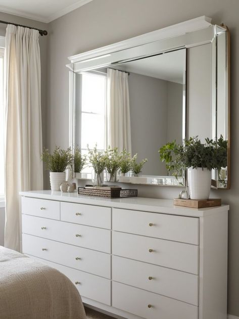 Square Mirror Over Dresser, Dresser With Vanity Mirror, Top Organization Ideas, Dresser With Mirror Decor, Dresser Wall Decor, Bedroom Dresser With Mirror, Dresser Top Organization Ideas, Dresser Top Organization, Minimalist Dresser