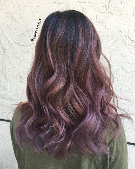 Purple Balayage Light Brown Hair, Brown To Light Purple Ombre Hair, Short Brown Hair Purple Highlights, Light Brown Purple Balayage, Purple Hair Highlights Light Brown Hair, Dark Ash Lavender Hair, Brown Hair W Purple Highlights, Light Hair For Brunettes, Light Brown With Purple Hair