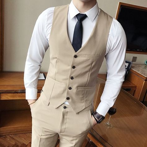 Vest Outfits Men, Black Suit Vest, Khaki Suit, Khaki Vest, Tie Outfit, Men Waistcoat, Men's Wedding Outfit, Mens Waistcoat, Mens Suit Vest