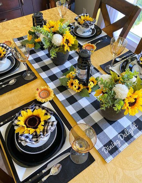 Dining Delight: Sunflowers and Buffalo Check Tablescape Buffalo Check Tablescape, Dining Table Decoration Ideas, Creative Tablescapes, Luncheon Decor, Buffalo Check Table Runner, Sunflower Table, Home Decor Ideas Kitchen, Living Room Decoration Ideas, Sunflower Home Decor