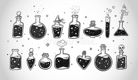 Doodles with pharmaceutical flasks, beakers and test tubes. Sketches of chemical laboratory objects with magic potion on. White background. Vector illustration vector illustration Simple Potion Bottle Tattoo, Small Potion Tattoo, Tiny Potion Bottle Tattoo, Potion Jar Drawing, Erlenmeyer Flask Tattoo, Potion Jar Tattoo, Vials Drawing, Potion Illustration Bottle, Magic Potion Drawing