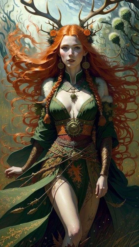 Ginger Elf Art, Fey Wanderer Ranger Dnd, Autumn Eladrin Female Dnd, Tiefling Ranger Female, Tiefling Druid Female, Dnd Druid Female, Wood Elf Druid Female, Witch Redhead, Redhead Witch