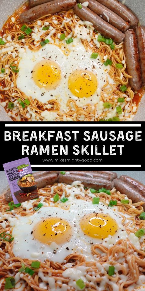 How good does this breakfast ramen skillet look? This sausage, cheese, and egg combo make for the perfect hearty breakfast bowl. Ramen Noodle Breakfast Recipes, Ramen Breakfast Bowl, Ramen Breakfast Recipes, Breakfast Ramen Noodles, Breakfast Ramen Recipe, Sausage Ramen, Asian Breakfast Recipes, Ramen Breakfast, Ramen Skillet