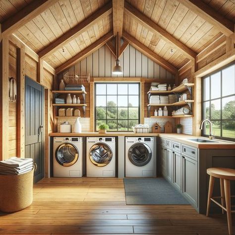 Transform your laundry routine with a spacious and efficient laundry room in your barndominium. Say goodbye to clutter and hello to convenience! #BarndominiumLiving #LaundryRoomGoals Barndominium Interior Living Room, Country Barndominium Ideas, Barndominium Interior With Loft, Barndominium Closet Ideas, Living Room Designs Barndominium, Barndominium Farmhouse Interior, Barndominium Laundry Room, Inside Barndominium Ideas, Barndominium Living Room Ideas