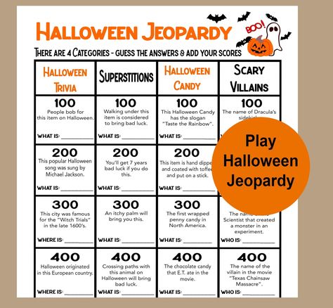 Halloween Jeopardy Game, Halloween Trivia Game, Seniors Halloween Game, Teens Halloween Trivia Fun Game, Halloween Party Game - Etsy Halloween Jepordy, Halloween Jeopardy, Halloween Trivia, Fun Halloween Party Games, What Is Play, Jeopardy Game, Fun Halloween Games, Senior Games, Halloween Names