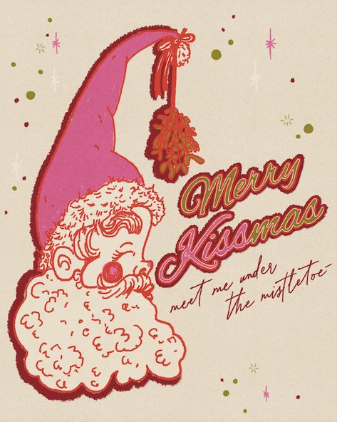 Merry Kissmas Art Print is a print of a my hand drawn, watercolor painting. It features a vintage inspired Santa Claus with mistletoe hanging on a pink Santa hat and the words "Merry Kissmas" and "meet me under the mistletoe."It is printed on a cold press, watercolor textured paper. Acid free, archival, and very sturdy Vintage Holiday Illustration, Cool Christmas Aesthetic, Christmas Print Ideas, Vintage Christmas Graphics, Christmas Illustration Vintage, Merry Christmas Painting, Vintage Christmas Ads, Santa Claus Quotes, Vintage Christmas Illustration