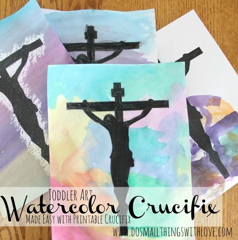 Great toddler art for Lent/Holy Week.  Use the free printable to make the project super easy, and just as meaningful. Good Friday Crafts, Painting Silhouette, Lenten Activities, Crucifix Art, Catholic Schools Week, Catholic Crafts, Religious Crafts, Catholic Kids, Church Crafts