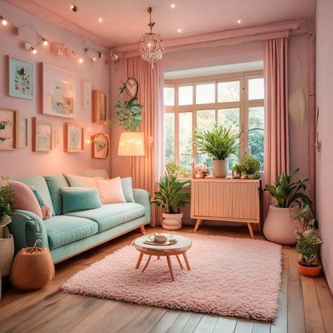 Pastel Orange Living Room, Boho Danish Pastel Aesthetic, Pink And Green Living Room Decor, Light Pink Living Room, Pastel Lounge, Peach Living Room, Pastel Apartment, Pastel Interior Design, Pastel Living Room