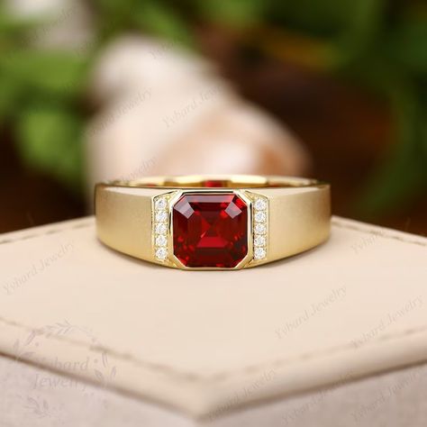 Buy 18K/14K/10K Solid Yellow Gold Lab Created Ruby Ring for Men Gold Band Red Gemstone Statement Rings Engagement Ring Wedding Ring Gift for Him Online in India - Etsy Red Ruby Ring For Men, Ruby Ring For Men In Gold, Ruby Ring Designs For Men, Men Gold Band, Ruby Ring For Men, Ruby Ring Men, King Rings, Ring For Men Gold, Mens Ruby Ring