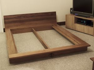 Iroko platform bed - Bespoke handmade bedroom furniture, Brighton, Sussex Handmade Bedroom Furniture, Japanese Platform Bed, Japanese Style Bed, Japanese Style Bedroom, Simple Bed Designs, Japanese Bed, Brighton Sussex, Japanese Bedroom, Bespoke Beds