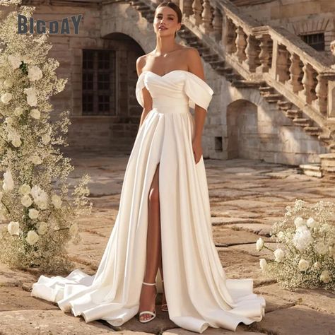 Elegant A-line Wedding Dress 2024 Off The Shoulder Sweetheart Open Back Pleat Split Satin Bridal Chic Modern Wedding Dress, Wedding Dress Off The Shoulder Sleeves, Mendoza Wedding, Wedding Dress Off Shoulder, Off The Shoulder Wedding Dresses, Off The Shoulder Wedding Dress, Satin Bridal Gowns, Shoulder Wedding Dress, Classic Bride