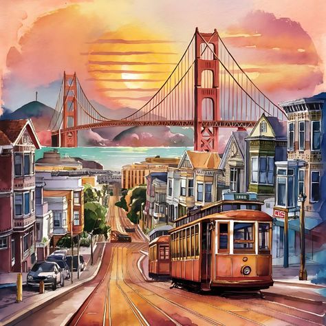 San Francisco Painting, Golden Gate Bridge Painting, Pier 39 San Francisco, San Francisco Pictures, San Francisco Bridge, Bridge Painting, Famous Cities, The Golden Gate Bridge, Japanese Landscape