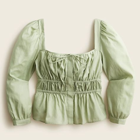 J.Crew: Cinched-waist Top In Herringbone Cotton For Women Cottage Core Blouse, Square Neck Sweater, Gathered Top, Gender Neutral Clothes, Summer Straw Hat, Pistachio Green, Jcrew Women, Wide Leg Denim, Striped Blouse