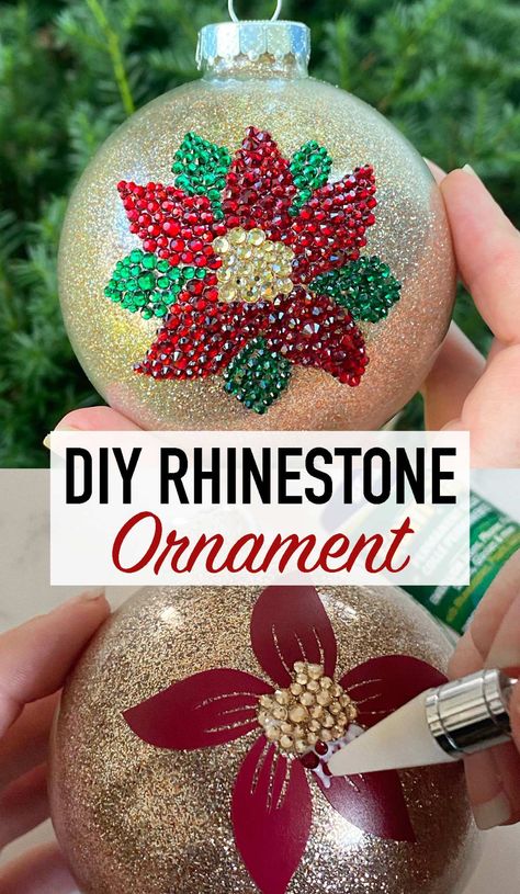 How to make a glittered poinsettia rhinestone ornament. Beautiful DIY bling ornament for your Christmas tree using Crystal rhinestones. Diamond Dotz Christmas Ornaments, Diamond Painting Ornaments, Diamond Art Ornaments, Diamond Dot Ornaments, Bedazzled Diy Ideas, Diy Bling Christmas Ornaments, Items To Rhinestone, Bedazzled Christmas Ornaments, Diamond Art Christmas Ornaments