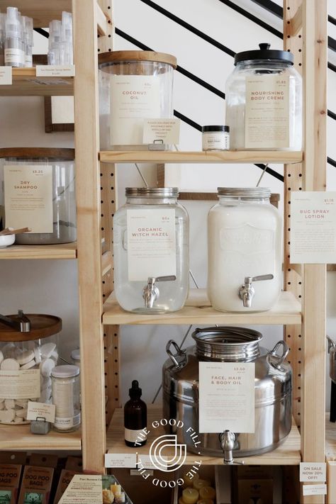 Refill Store, Zero Waste Grocery Store, Refill Shop, Natural Body Oil, Refill Station, Candle Making Studio, Natural Dry Shampoo, Apothecary Decor, Natural Bug Spray