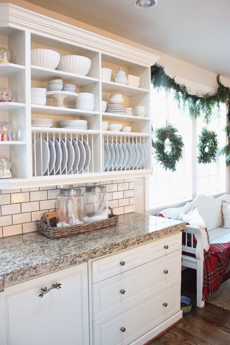 Kitchen Cabinets Farmhouse Style, Cabinets Farmhouse Style, Kitchen Open Cabinets, Christmas In October, Kitchen Cabinets Farmhouse, Plate Racks In Kitchen, Open Kitchen Cabinets, Day After Christmas, Before The New Year