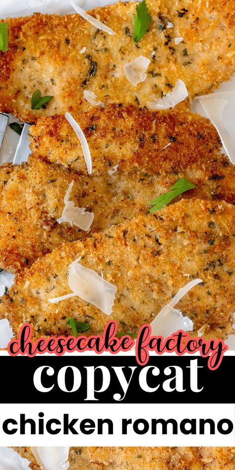 Cheesecake Factory's chicken romano is the perfect, crispy, and crunchy chicken cutlet recipe. If the thought of thinly sliced chicken coated in a perfectly seasoned parmesan panko crust has your mouth watering, then this chicken cutlet recipe is going to be one of your favorites! Cheesecake Factory Chicken Romano, Romano Crusted Chicken, Dinners With Chicken Breast, Healthy Chicken Cutlet Recipes, Chicken Cutlet Recipes Baked, Chicken Romano Recipe, Chicken Cutlets Recipes, Crusted Chicken Romano, Chicken Romano