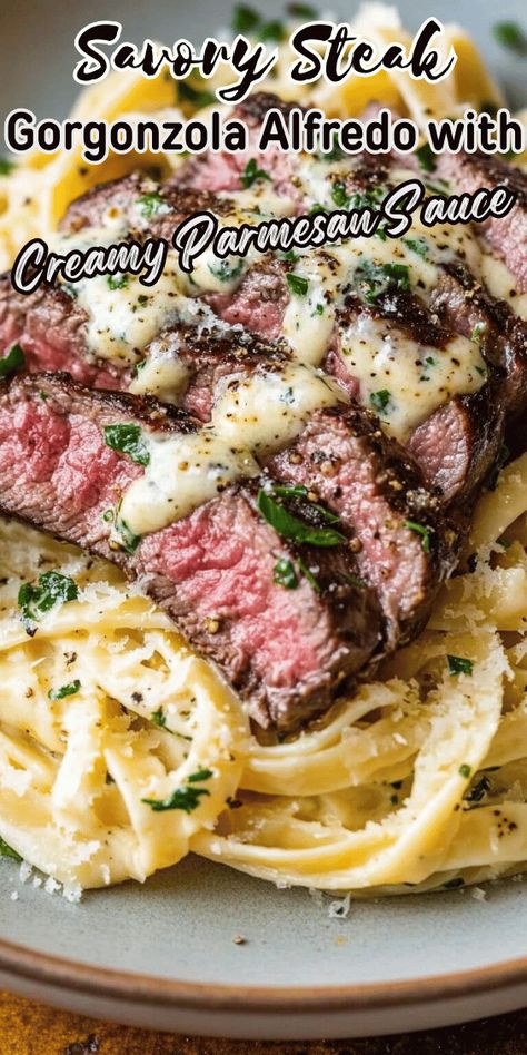 Savory Steak Gorgonzola Alfredo with Creamy Parmesan Sauce Steak Spaghetti Squash, Italian Alfredo Pasta Recipes, Steak And Gorgonzola Pasta, Gorgonzola Pasta Recipes, Savory Steak Gorgonzola Alfredo, Gorgonzola Steak Sauce, Steak And Alfredo Pasta, Savory Steak Gorgonzola Alfredo With Creamy Parmesan Sauce, Creamy Cajun Steak Alfredo