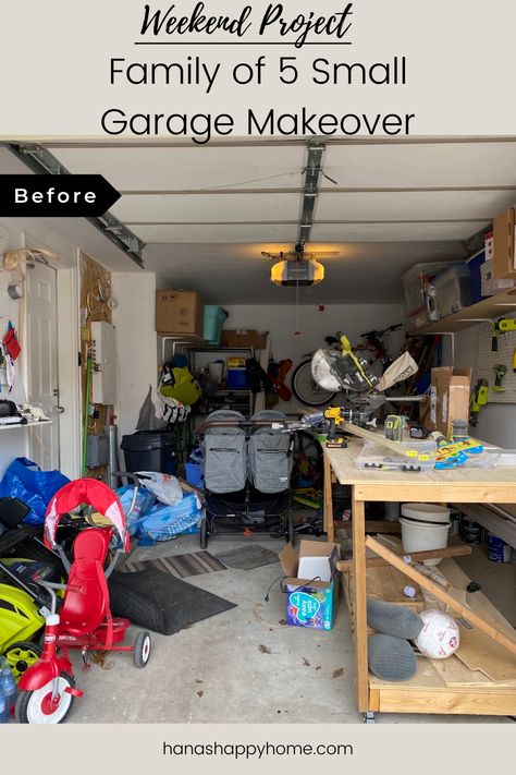 How To Organize A Small Garage, One Stall Garage Organization, Tandem Garage Organization, Garage Organization Before And After, Organize Small Garage, Budget Garage Organization, Garage Before And After Organization, Garage Stroller Organization, Maximize Garage Space