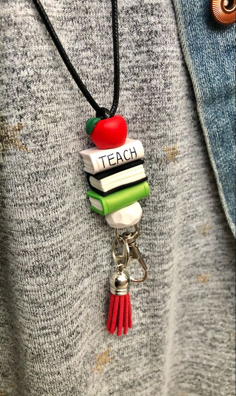 Diy Earrings For Teachers, Clay Gifts For Teachers, Teacher Keychain Gift Diy, Clay Crafts For Teachers, Teacher Polymer Clay Gift Ideas, Polymer Clay Teacher Lanyard, Polymer Clay Lanyards Diy, Polymer Clay Earrings For Teachers, Clay Teacher Gifts