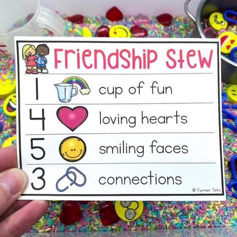 Friendship Activity Counting Sensory Bin by Turner Tots | TPT Recipe Sensory Bins, Manners Sensory Bin, Friendship Stew Sensory Bin, Mail Sensory Bin, Sharing Theme Preschool Activities, Kindness Sensory Activities, Friendship Fine Motor Preschool, Friendship Sensory Bin Preschool, Friendship Stew Preschool