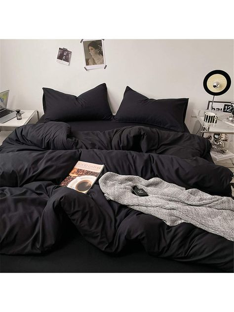 Black  Collar   Colorblock,Plain  Embellished  All Seasons Bedding Black Bed Sheets, Black Sheets, Bed Sets, Room Makeover Bedroom, Room Makeover Inspiration, Black Bedding, Room Inspiration Bedroom, Room Ideas Bedroom, Aesthetic Bedroom