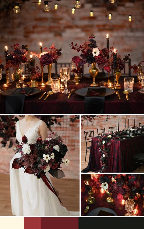 Dark Red Moody Wedding, Garnet Black Gold Wedding, Burgundy Black Wedding Decor, Wine Red Black And Gold Wedding, Black And Burgundy Gothic Wedding, Vintage Gothic Wedding Ideas, Burgundy And Black Fall Wedding, Fall Black Wedding Color Schemes, Darker Wedding Colors