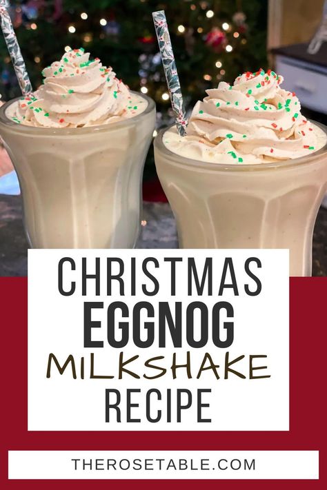 Delicious eggnog milkshakes for Christmas! Hot Cocoa Milkshake, Egg Nog Shake Recipe, Frozen Drinks Recipes, Christmas Drink Ideas Non Alcoholic, Christmas Milkshakes, Egg Nog Ice Cream, Eggnog Milkshake, Milkshakes Recipes, Christmas Dessert Drinks