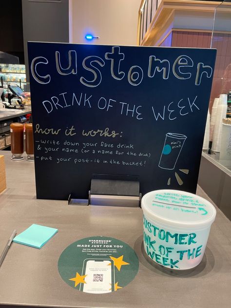 Barista Ideas Coffee Shop, Starbucks Barista Board Ideas, Starbucks Customer Connection, Starbucks Organization Ideas, Barista Of The Month Board, Coffee Shop Board Ideas, Starbucks Customer Connection Ideas, Starbucks Store Decorations, Barista Board Ideas