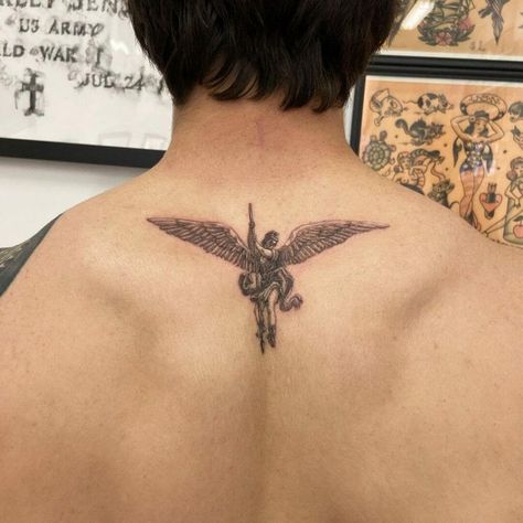 Michael Archangel Tattoo, Krishna Tattoo Design, Saint Michael Tattoo, Mother Mary Tattoos, St Michael Tattoo, Saint Tattoo, Michael Tattoo, Archangel Tattoo, Upper Back Tattoos