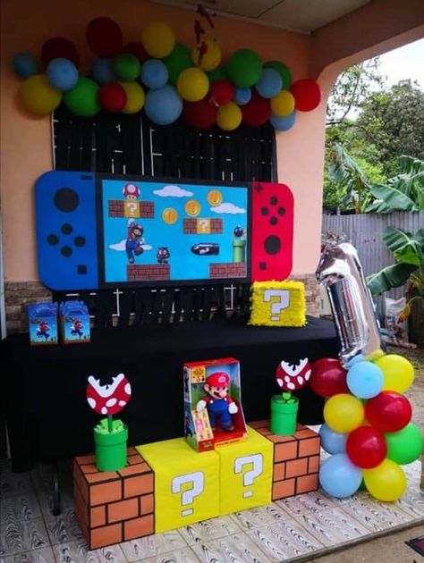 Super Mario Brothers Party Decorations, Mario Birthday Party Backdrop, Mario Kart Party Decorations, Super Mario Bros Decorations, Mario Kart Decorations, Diy Mario Decorations, Mario Decorations, Nintendo Birthday Party, Nintendo Birthday