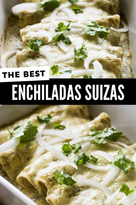 Enchiladas suizas are a popular Mexican dish made with corn tortillas stuffed with shredded chicken, covered in a creamy green sauce made with Mexican crema, and topped with lots of cheese! Crema Mexicana Recipe, Chicken Enchiladas Suiza, Creamy Green Sauce, Isabel Eats, Chicken Lickin, Enchiladas Suizas, Homemade Salsa Verde, Best Enchiladas, Latin Kitchen