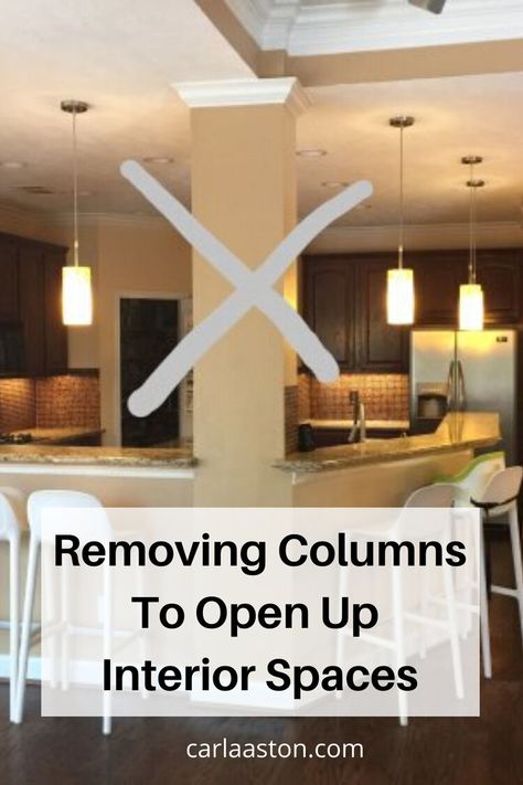 Removing columns to open up interior spaces, done with professional expertise, of course. It really can help make awkward interruptions in a room disappear. Bathroom Ledge, Columns Interior, Ledge Decor, Decoration Hall, Interior Farmhouse, Family Room Makeover, Interior Columns, Open Dining Room, Bedroom Farmhouse