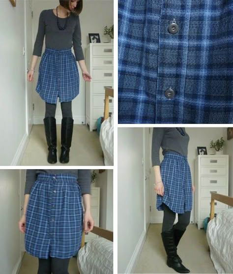 DIY: Skirt from a shirt. I'm going to do this one of my dads shirts..... :) Diy Jupe, Haine Diy, Diy Clothes Refashion, Sew Ins, Diy Vetement, Repurposed Clothing, Costura Diy, Diy Skirt, Shirt Diy