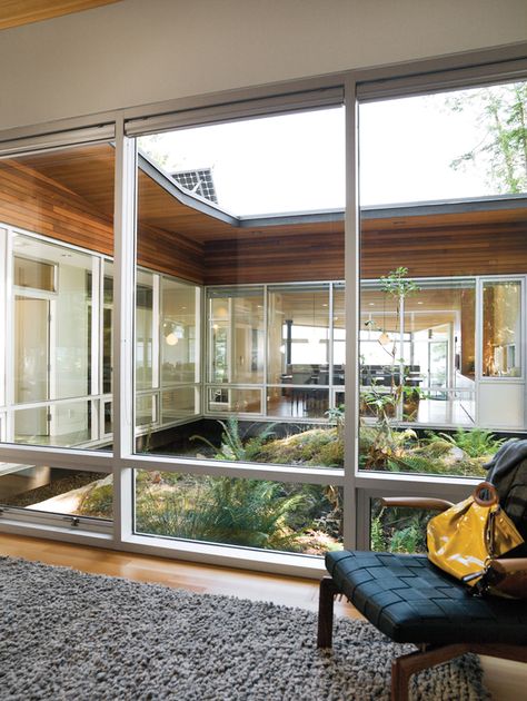 The plan of the house revolves around a rocky outcropping lush with life that acts as the home’s central atrium. The granite was left intact in order to serve as the nucleus of the courtyard, and the walls of windows draw a wealth of natural daylight into the back of the building. Atrium House, Atrium Design, Courtyard Patio, Piscina Interior, Diy Air Freshener, Courtyard House Plans, Urban Interiors, Internal Courtyard, Glass Walls