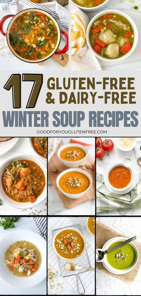 Check out 17 of the best gluten-free and dairy-free soup recipes perfect for a cold winter day. These warm soups include chicken dumplings, classic chicken noodle, vegetable soups including carrot and cauliflower soup, tomato soup, and green pea soup, as well as hearty lentil soup. The list also includes several stews for warm weather and one-pot dinner meals for people who are gluten-free and celiac. Dairy Free Recipes Vegetarian, Healthy Soup Recipes No Dairy, Creamy Soup Non Dairy, Crockpot Soup Gluten Free Dairy Free, Non Dairy Crockpot Soups, White Vegetable Soup, Gf Crockpot Soup, Gluten Free Healthy Soup Recipes, Gluten Dairy Free Soup Crock Pot