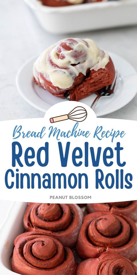 Make the easy dough for these red velvet cinnamon rolls in your bread machine and then shape and bake them in the oven. The delicious cream cheese frosting is the perfect topping. Freezer-friendly, you can make these ahead for a special brunch or holiday breakfast. Cinnamon Rolls Bread Machine, Cinnamon Rolls Bread, Rolls Bread Machine, Red Velvet Cinnamon Rolls, Homemade Cream Cheese Icing, Easy Dinner Side Dishes, Christmas Breads, Beginner Baker, Easy Dough