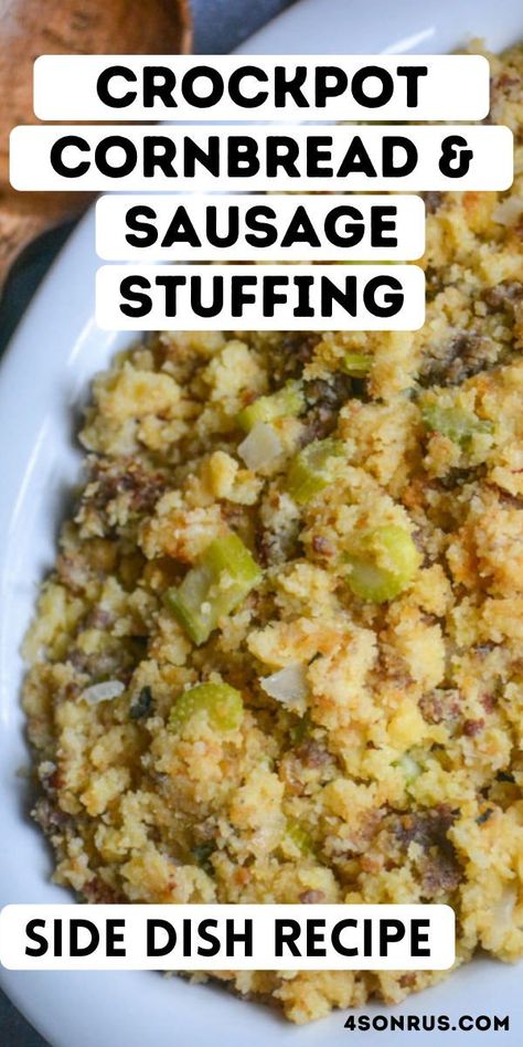 This crockpot cornbread and sausage stuffing frees up some oven space this holiday season while creating a classic delicious side dish you and your family will love! Crockpot Sausage Stuffing Recipes, Crock Pot Cornbread Dressing, Slow Cooker Cornbread Dressing, Crockpot Turkey And Stuffing, Crockpot Sausage Stuffing, Stuffing Recipes With Sausage, Crockpot Stuffing Recipes, Sausage Stuffing Recipe Thanksgiving, Holiday Potatoes