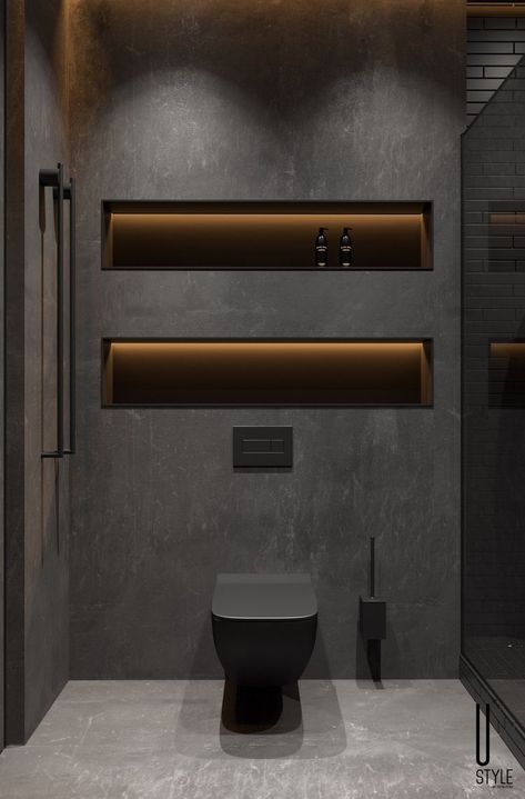 Dark Bathroom Design, Dark Grey Bathroom, Wc Decoration, Toilette Design, Bathroom Inspiration Modern, Black Toilet, Washroom Design, House Details, Vintage Ideas