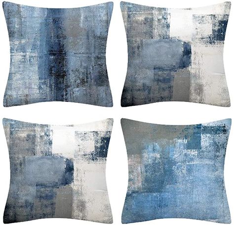 BCKAKQA Cushion Covers 45cm x 45cm Set of 4 Navy Blue Grey Throw Pillow Covers 18x18 inches Soft Polyester Square Decorative Throw Pillow Cases for Living Room Sofa Couch Bed Pillowcases: Amazon.co.uk: Kitchen & Home Terracota Bedroom Ideas, Farmhouse Artwork, Abstract Living Room, Grey Cushion Covers, Teal Throw Pillows, Turquoise Cushions, Grey Abstract Art, Blue Pillows Decorative, Back Room