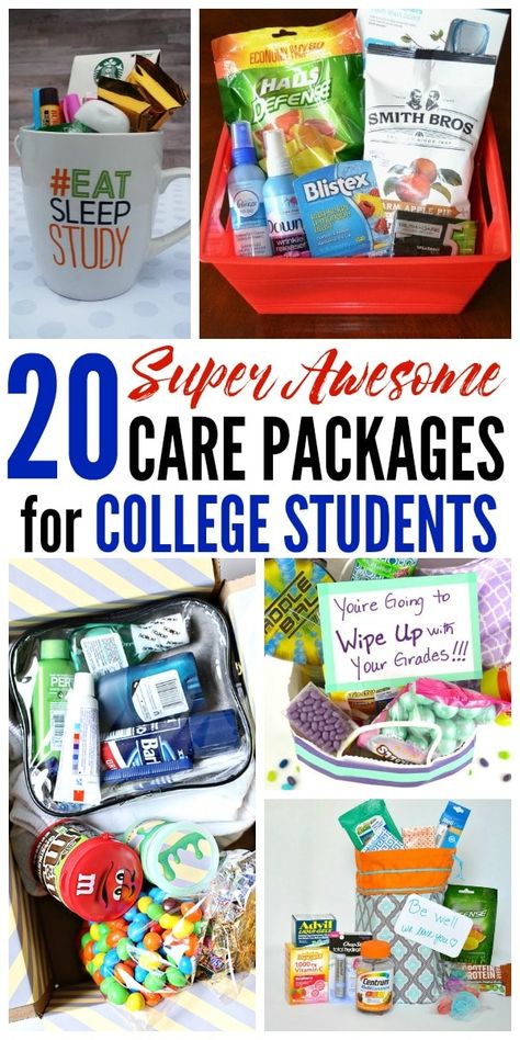 This is an amazing list of care package ideas for college students! From finals survival kits to treats from home, there's something for everyone! Student Survival Kit Gifts, Vitamins For College Students, University Survival Kit Gift, Welcome To College Care Package, College Kid Care Package Ideas, Spa Care Package Ideas, College Care Package Ideas For Daughter, Grad Presents, Finals Care Package