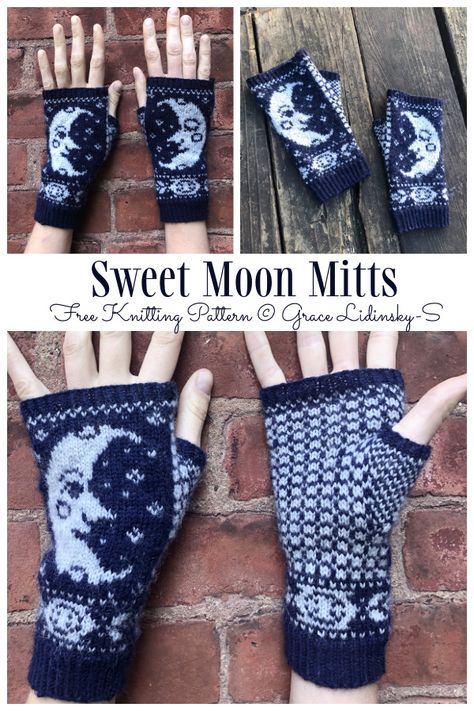 Knit Sweet Moon Fingerless Gloves Free Knitting Pattern Fingerless Glove Knitting Patterns Free, Knitting Embroidery Pattern, Colorwork Fingerless Gloves, Easy Knit Free Patterns, Colorwork Mittens Free Pattern, Fingerless Glove Patterns Free, Gloves Pattern Knitted, Crochet Hand Gloves Free Pattern, Knitting Patterns Gloves