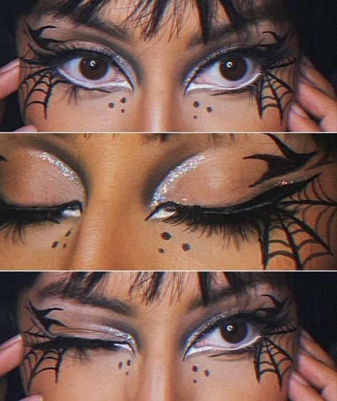 Spider Halloween Costume Makeup, Witch Spider Makeup, Halloween Makeup Designs, Spooky Season Makeup Looks, Spooky Halloween Makeup Looks, Witch Makeup Eyeliner, Glitter Witch Makeup, Spooky Glam Makeup, Spider Web Liner