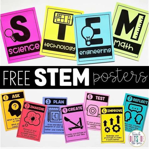 Stem Posters For Classroom Free, Steam Posters Free, Stem Board Ideas, Stem Door Decorations Classroom, Stem Poster Ideas, Stem Classroom Decor Bulletin Boards, Stem Theme Classroom, Stem Lab Decor, Stem Night Decorations