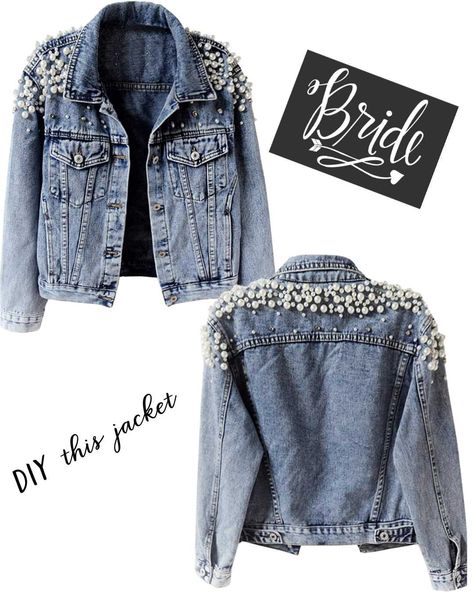 Pearl denim jacket, wedding stencils, bride patches Wedding Denim Jacket Bride Diy, Diy Bride Jean Jacket, Denim Jacket Pearls Diy, Bridal Denim Jacket Diy, Bride Denim Jacket Diy, Diy Pearl Denim Jacket, Diy Sleeves, Wedding Denim Jacket, Pearl Jean Jacket