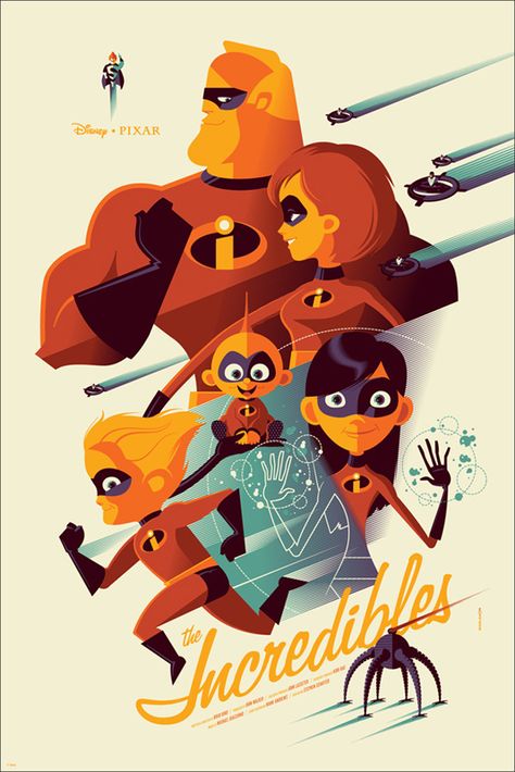 The Incredibles Tom Whalen, Disney Amor, Disney Poster, Disney Movie Posters, Arte Doodle, Pixar Films, 디즈니 캐릭터, Karakter Disney, Disney Posters